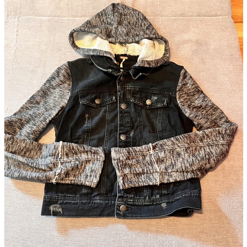 Free People Black Denim Hooded Jacket Distressed Grey Knit Sleeves - Picture 2 of 6